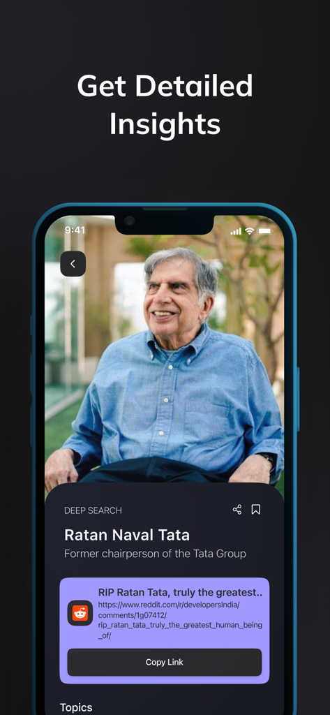 Face Check AI | ID People - Uno schermo mobile che mostra l'app Face Check AI che visualizza i risultati della ricerca e i collegamenti ai social media per Ratan Tata