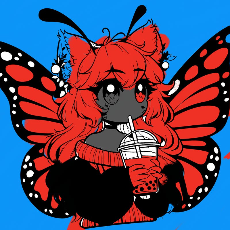 a realistic butterfly/furry girl drinking boba