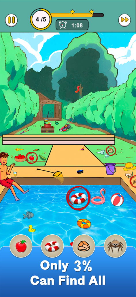 Un nivel de búsqueda del tesoro junto a la piscina en el juego de objetos ocultos Find it Out mostrando objetos a encontrar