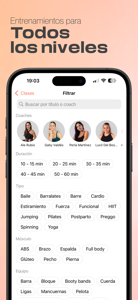 Interface of the FIT by You app showing workout filters for coaches duration exercise type and muscle groups.