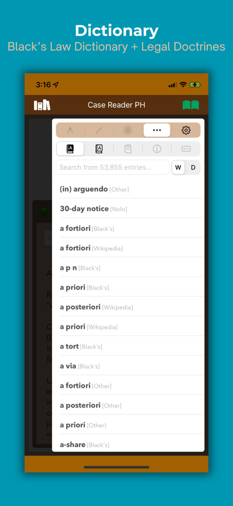CaseReaderPH - Legal dictionary interface of the CaseReaderPH app showing a search bar and a list of legal terms including definitions from Blacks Law Dictionary