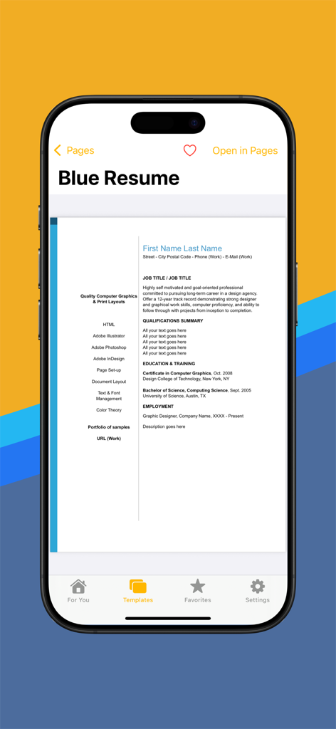 Templates for iWork Bundle Ed. - Vista previa de una plantilla de currículum profesional en azul en la aplicación Plantillas para iWork