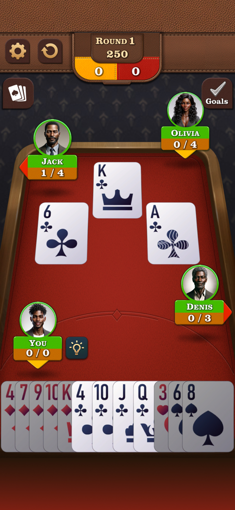 Gameplay screen of Spades showing player avatars and a hand of cards on a red table