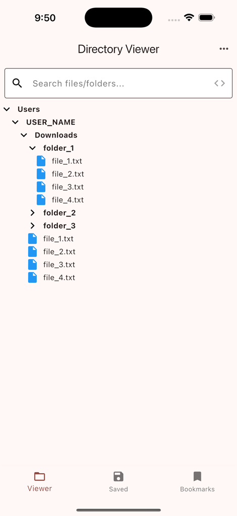 Directory Viewer - Mobile app screen showing a hierarchical folder and file directory structure with a search bar and bottom navigation.