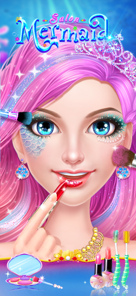 Mermaid Makeup Dressup - Mermaid with pink hair and a tiara applying glittery red lipstick in a makeup salon game.