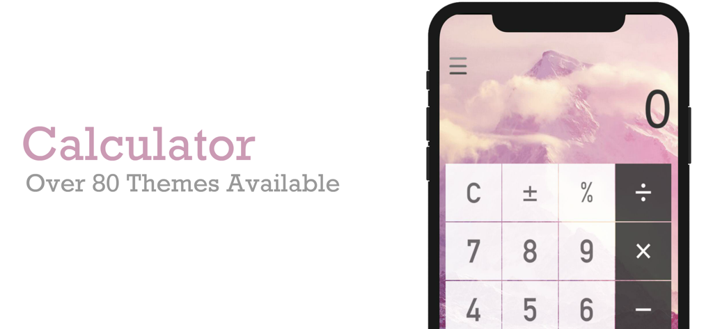 Calculator - Calculator app interface featuring a pink mountain landscape theme and numerical keypad