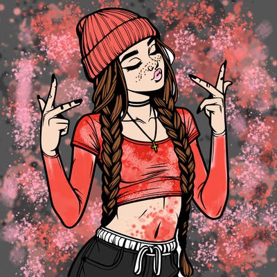 realistic teenage girl with braids and a beanie and crop top doing 🫶🏼