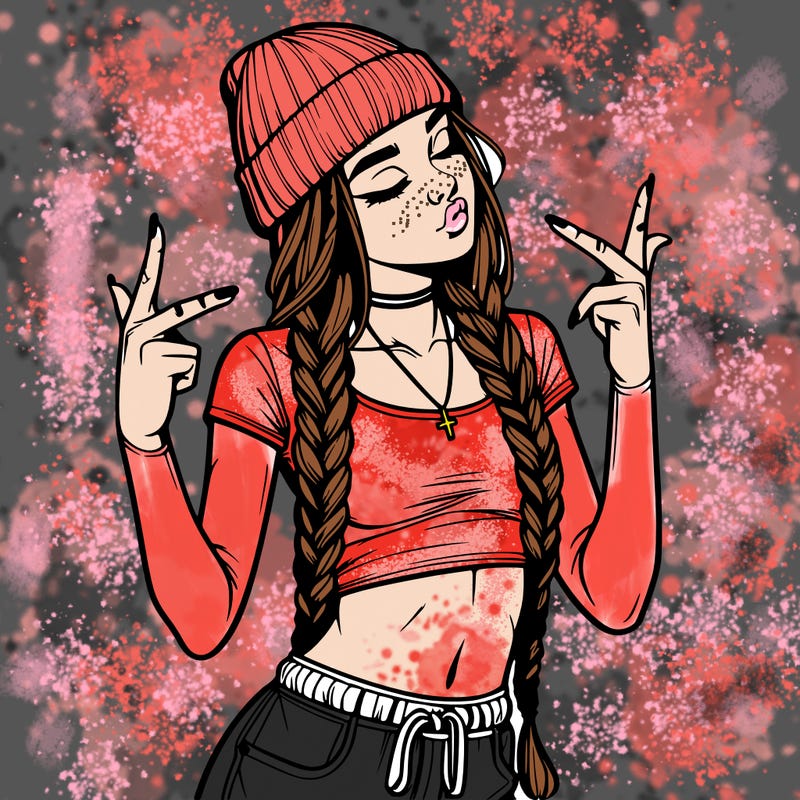 realistic teenage girl with braids and a beanie and crop top doing 🫶🏼