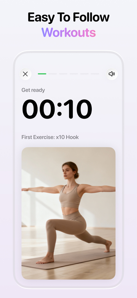 HomeBod app screen showing a woman performing a workout with a countdown timer