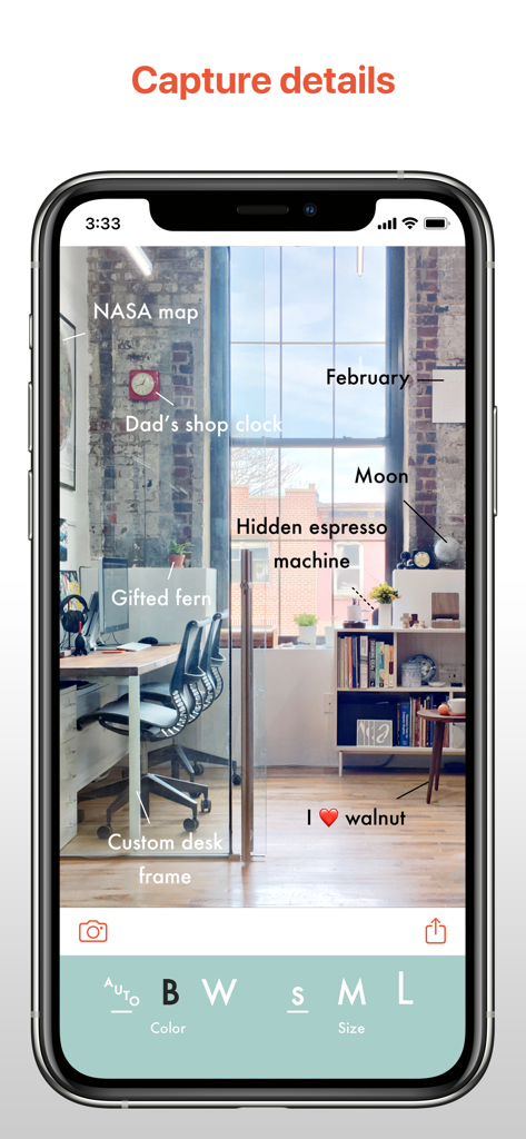 This: Easy Photo Labels - iPhone interface of This app showing minimalist text labels and pointers on an office photo