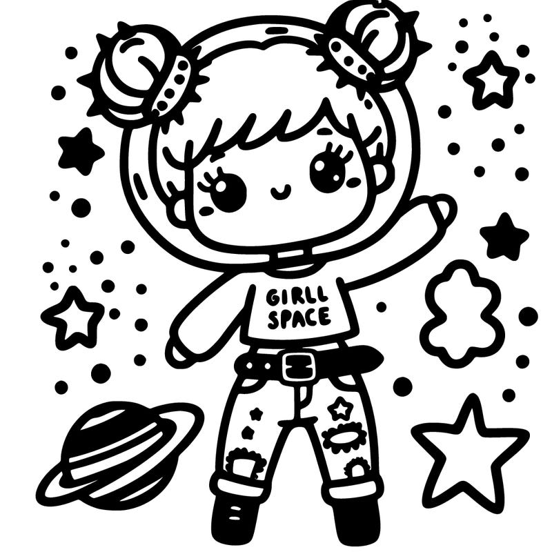 a girl space, buns, pants, and a shirt with a belt spikes on the belt