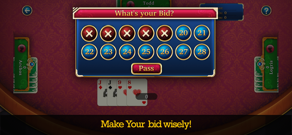 29 Card Game: Offline Fun Game - A screenshot of the bidding screen in the 29 Card Game mobile app showing options from 20 to 28 and a pass button