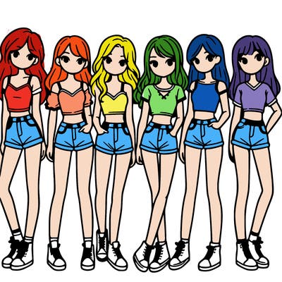 a group of girls wearing crop tops and shorts