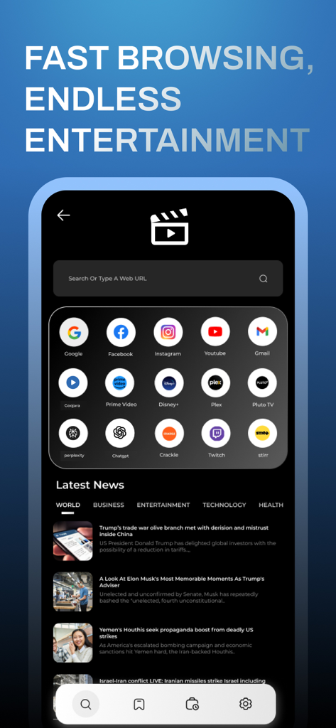 Goojara – Movies & TV Browser - Goojara mobile browser interface showing shortcut icons for streaming apps and a news feed