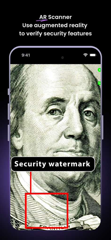 Cash Guard: Identify Fake Bill - Interface do scanner de RA mostrando a verificação de marca d'água de segurança em uma nota de dólar no aplicativo Cash Guard