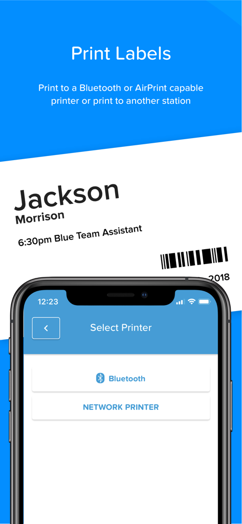 Check-In App - Una pantalla móvil que muestra las opciones de selección de impresora para impresoras Bluetooth y de red para imprimir etiquetas de registro