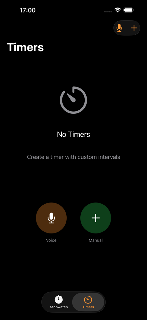 Voice interval timer - Main screen of the Voice interval timer app featuring voice and manual timer creation buttons