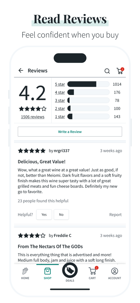 Total Wine & More - Total Wine and Moreアプリの画面。製品評価と顧客レビューが表示されます。