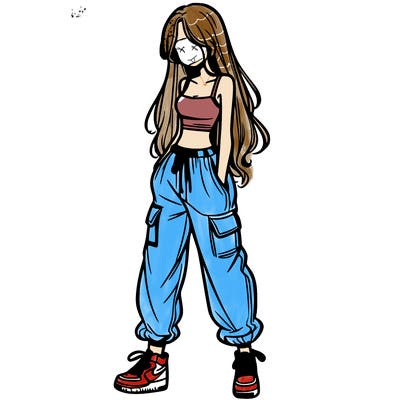 girl in baggy pants crop top and long hair