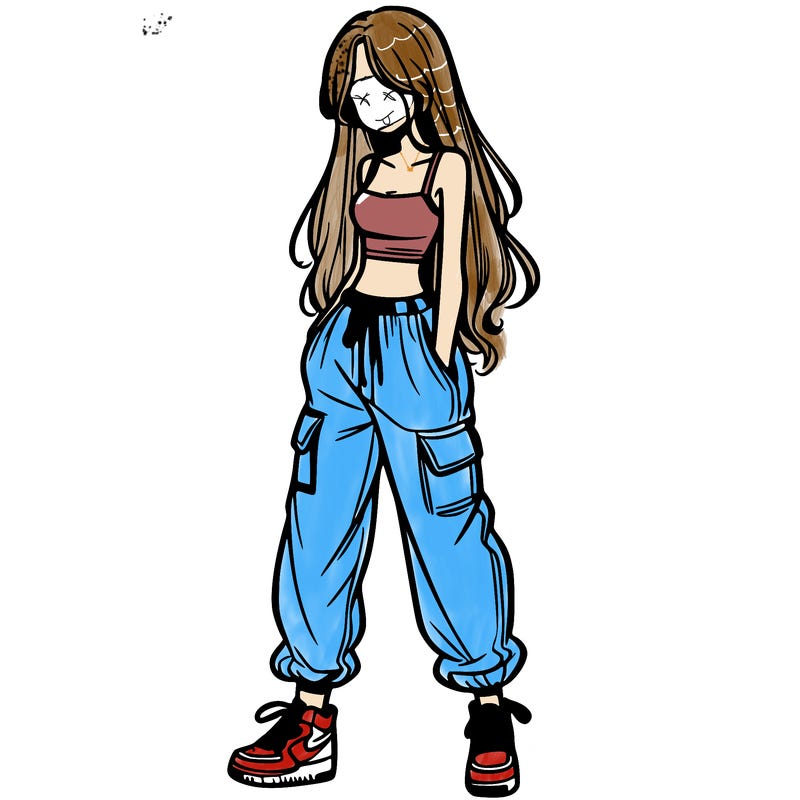 girl in baggy pants crop top and long hair