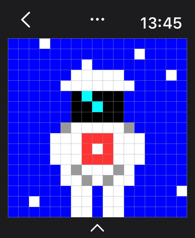 Ein Pixelkunst-Robotercharakter mit roter Brust und blauen Augen auf blauem Weltraumhintergrund