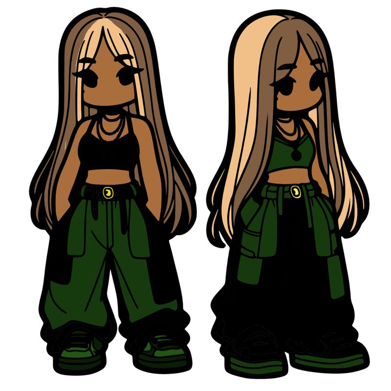 girl in baggy pants crop top and long hair