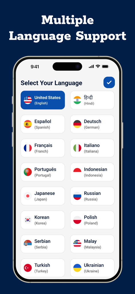 Bildschirm zur Sprachauswahl in der Video Browser App, der eine Liste unterstützter Sprachen mit den entsprechenden Nationalflaggen anzeigt