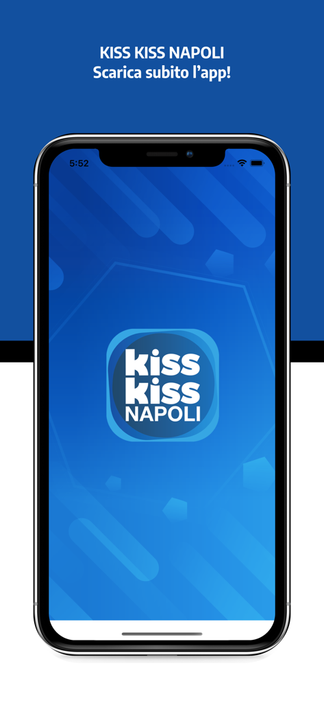 Radio Kiss Kiss Napoli 2.0 app splash screen showing the official logo on a blue background.