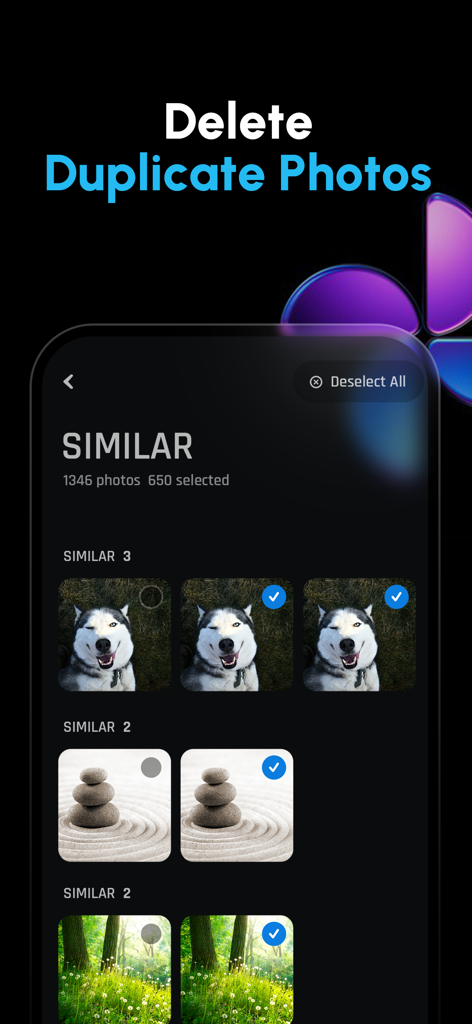 Battery Life Health Doctor Pro - Interface of the Battery Life Doctor Pro app showing the smart tool to delete duplicate and similar photos to free up storage