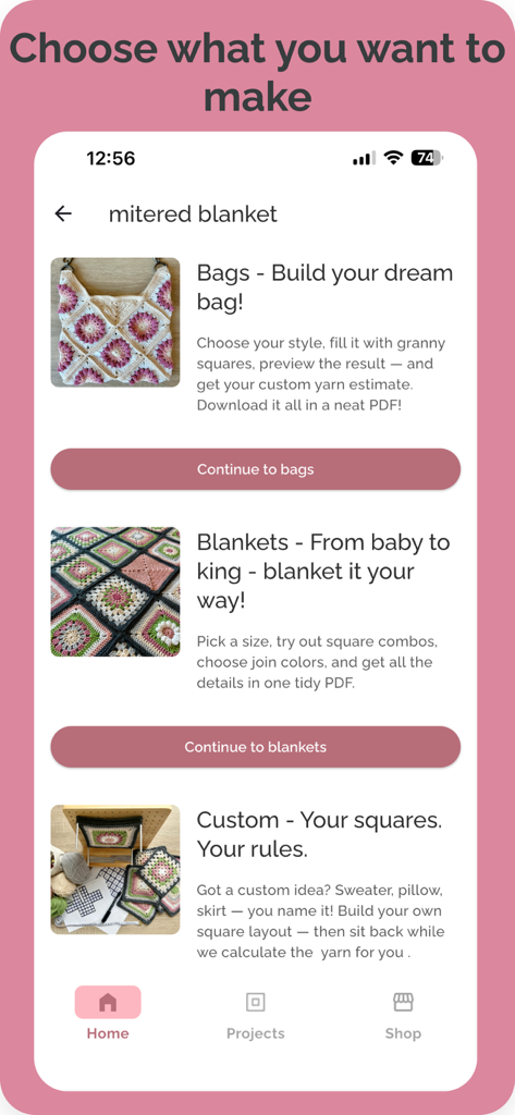 Granny Square Designer app screen with options to start a bag, blanket, or custom crochet project.