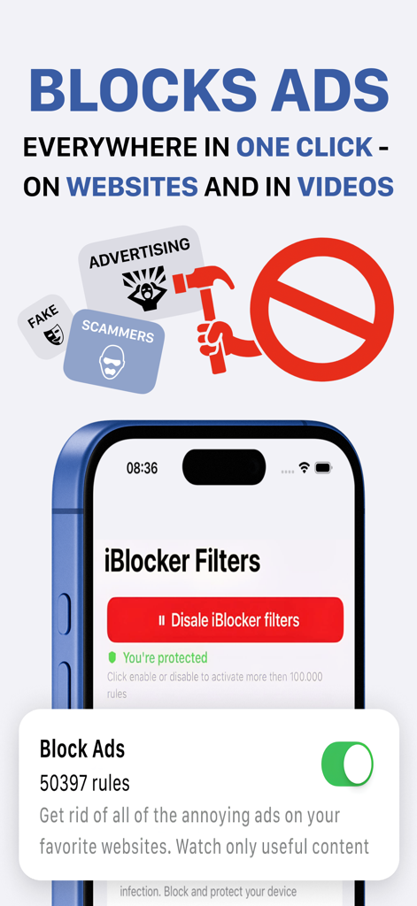 iBlocker: Ad Blocker & Filter - iPhone screen showing iBlocker app interface with one click ad blocking for websites and videos