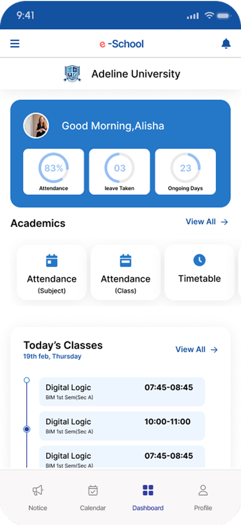 eSchool App by eZone - Panel de control de la aplicación eSchool que muestra estadísticas de asistencia y un horario de clases diario
