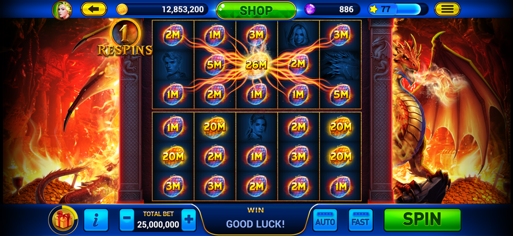 Golden City Casino - Dragon themed slot machine interface showing bonus rewards and dragon eggs in Golden City Casino