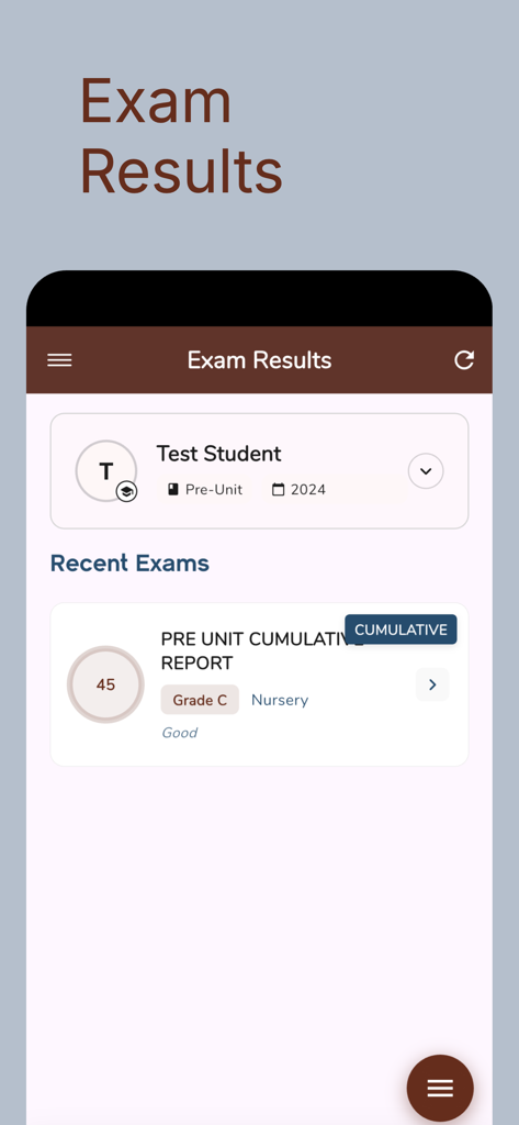 New York Schools - Exam results screen showing student grades and cumulative reports in the New York Schools app