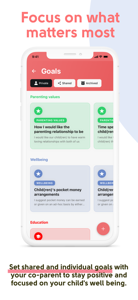 amicable - co-parent planner - Amicable app interface displaying parenting goals for shared child wellbeing and relationship values.