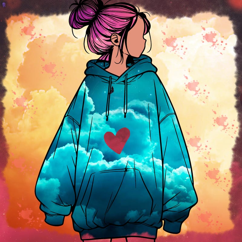 realistic girl with a oversized sweatshirt on and a bun