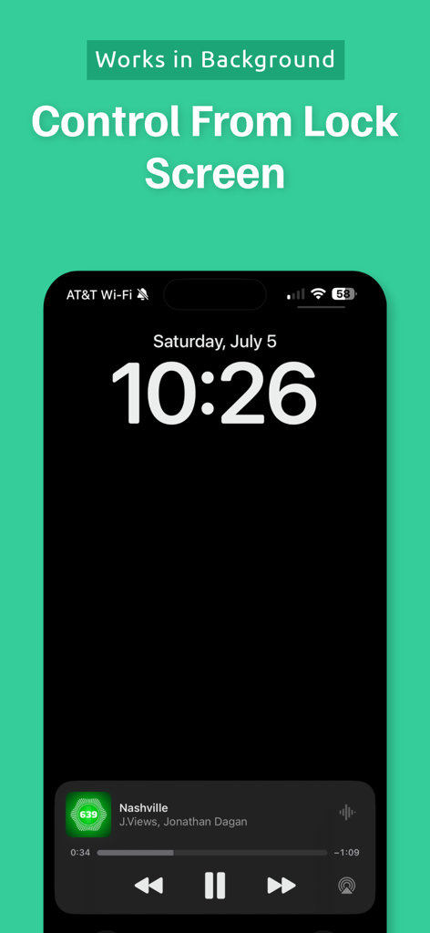 iPhone lock screen displaying the 639 Player Plus music widget with playback controls and background operation
