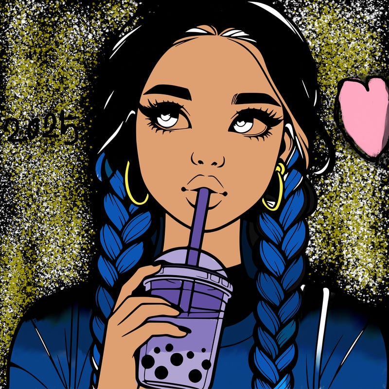 realistic girl with braided hair drinking boba