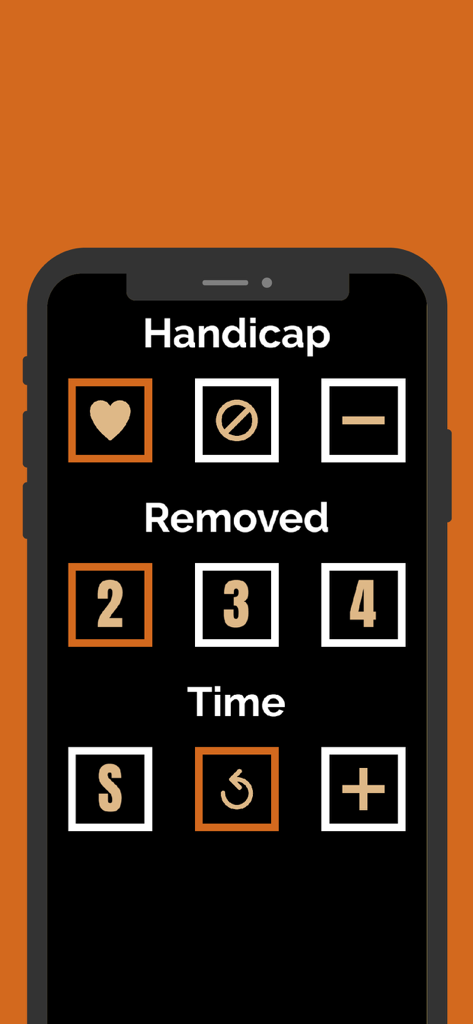 Gameplay settings screen for Spell Me word game showing handicap removed letters and time options