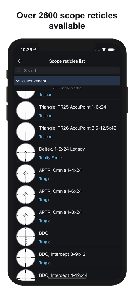 A menu in the Chairgun Elite Ballistic Tool app displaying a comprehensive list of over 2600 available rifle scope reticles from various brands.