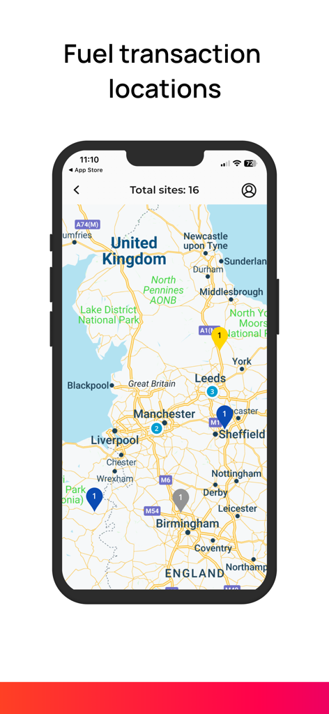 Map view in the Radius Velocity app showing fuel transaction locations across the UK