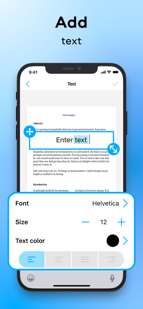Interface d'une application mobile montrant comment ajouter et formater du texte sur un document numérisé à l'aide de PDFChef.