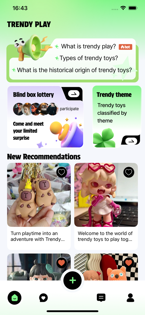 Mizy app interface showing trendy toy recommendations and blind box lottery options for collectors