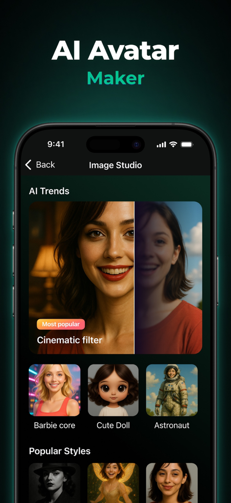 ChatPod - AI Chatbot Assistant - Interface of ChatPod app showing the AI Avatar Maker with different artistic styles and cinematic filters for profile pictures.
