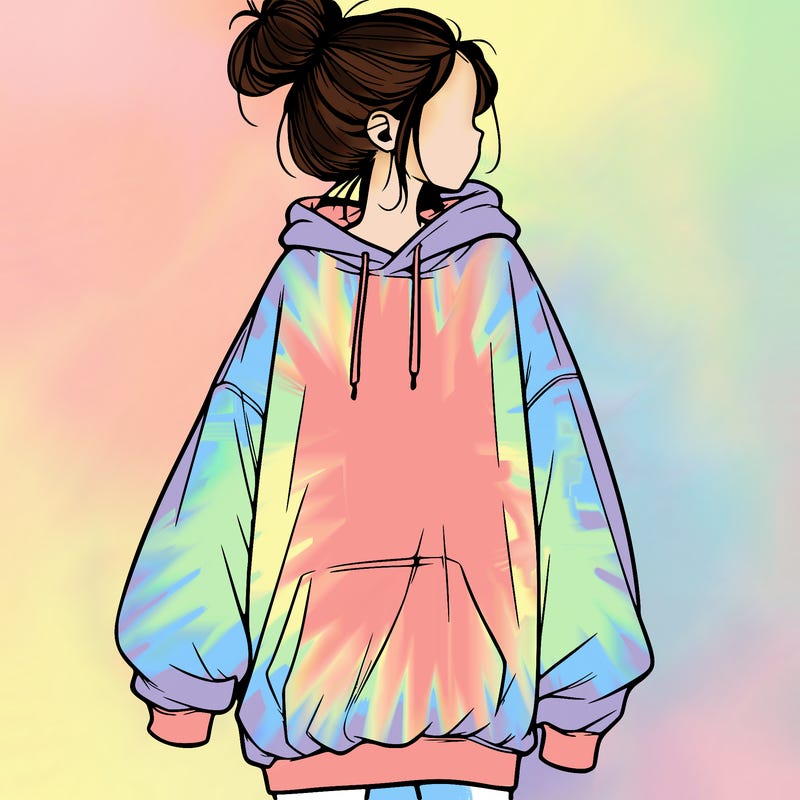 realistic girl with a oversized sweatshirt on and a bun