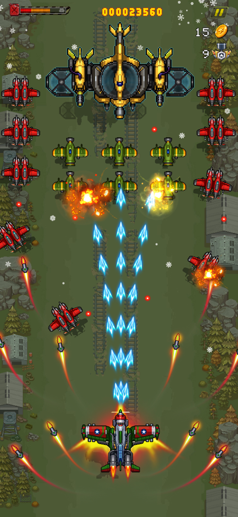 Top down arcade shooter gameplay showing a green warplane fighting a large golden boss plane with explosions and missiles