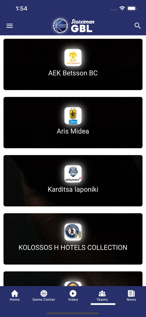 Stoiximan GBL - A list of Greek basketball teams within the Stoiximan GBL app including AEK Betsson BC and Aris Midea
