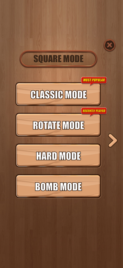 Main menu screen showing Square Mode options including Classic, Rotate, Hard, and Bomb modes in a wooden puzzle game.
