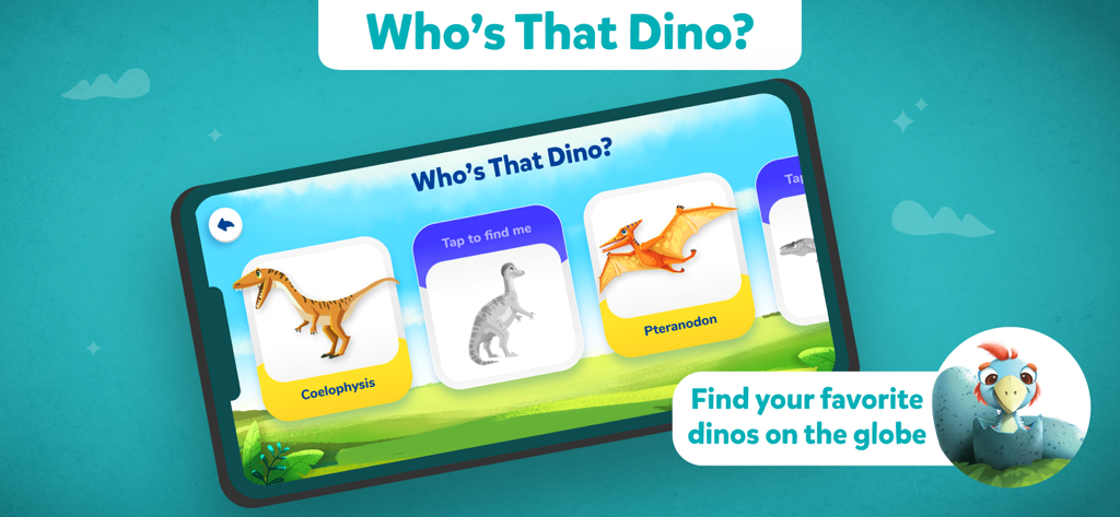 Orboot Dinos AR by PlayShifu - 공룡 캐릭터 카드가 있는 Orboot Dinos AR 앱의 Who's That Dino 교육 게임 인터페이스 스크린샷