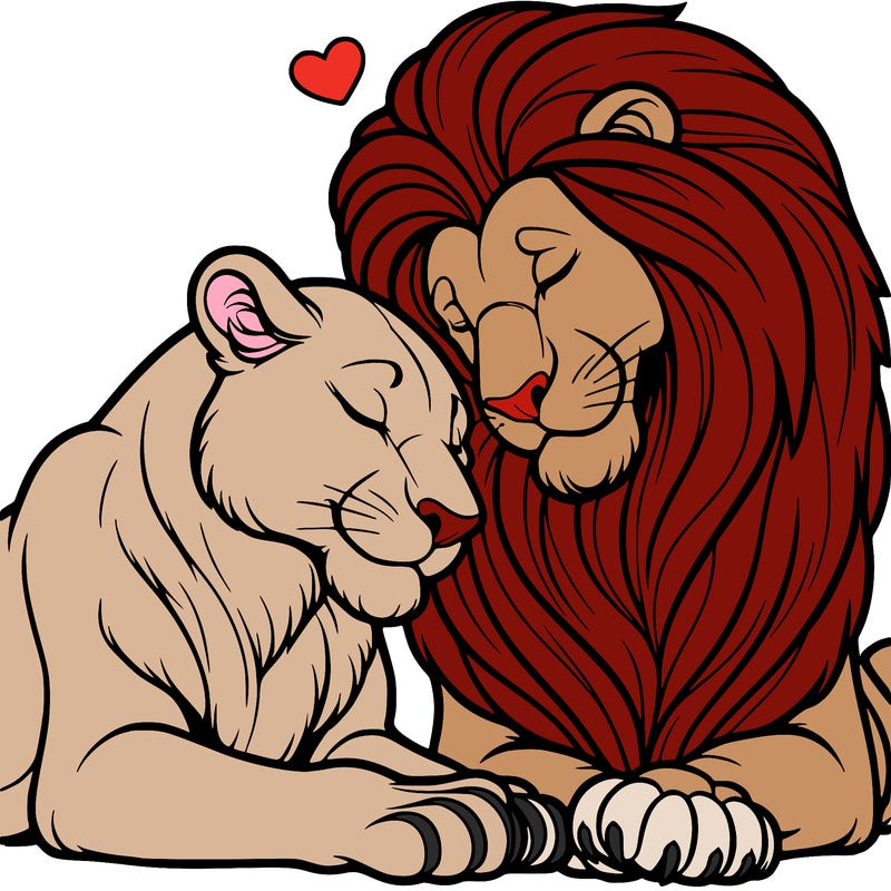 mufasa (male) and sarabi (female) from lion king being loving and nuzzling their heads together